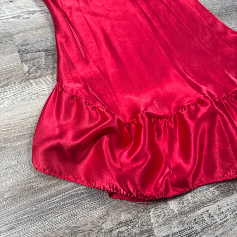 Vintage 90s Red Satin Slip Dress Ruffle Hem Nightgown Coquette Boudoir Y2K M - Picture 3 of 6